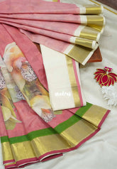 Traditional Kerala Half Saree – Kasavu Border with Digital Print cotton Dhavani - Devasena